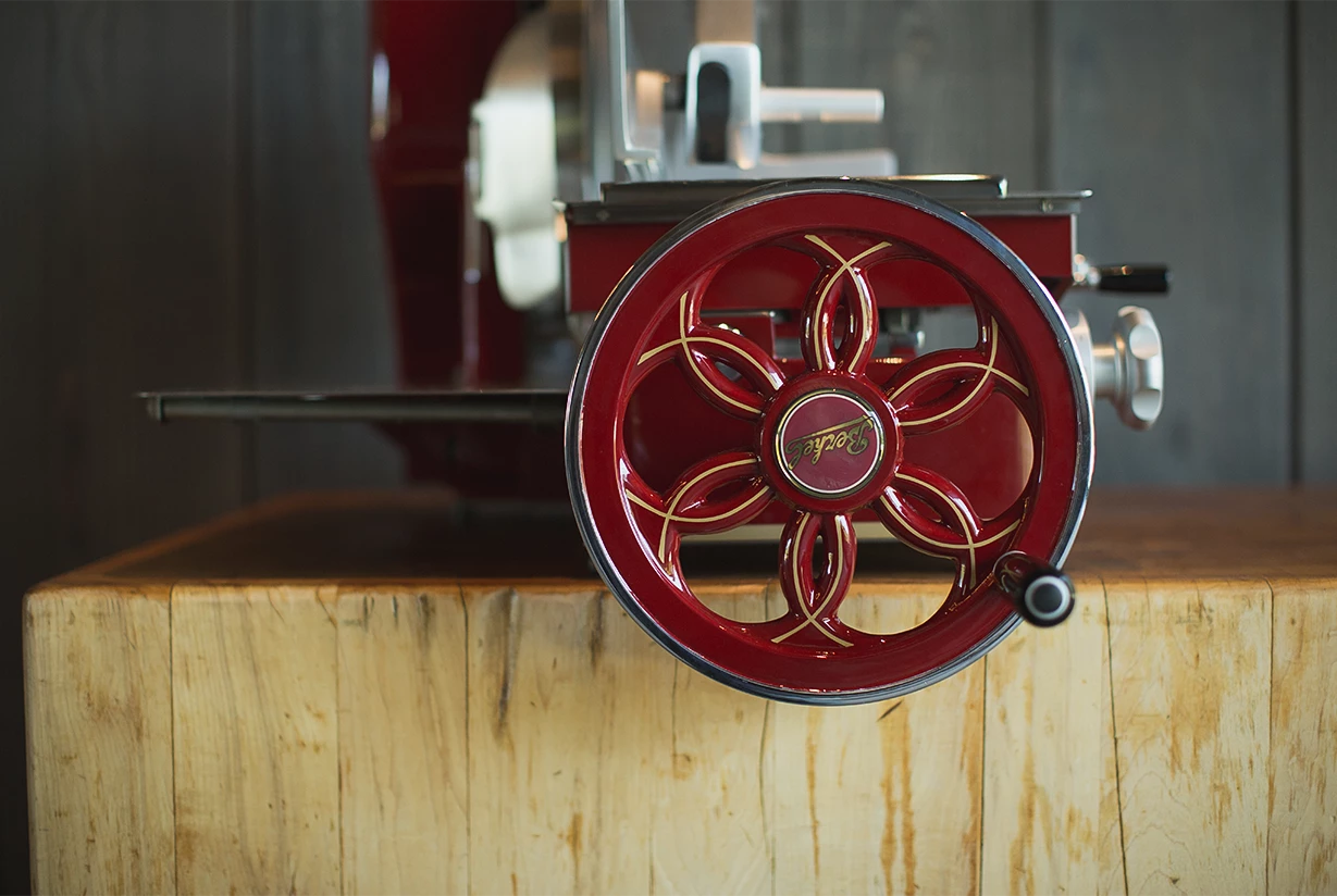 a red and black steering wheel