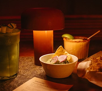 a table with food and drinks