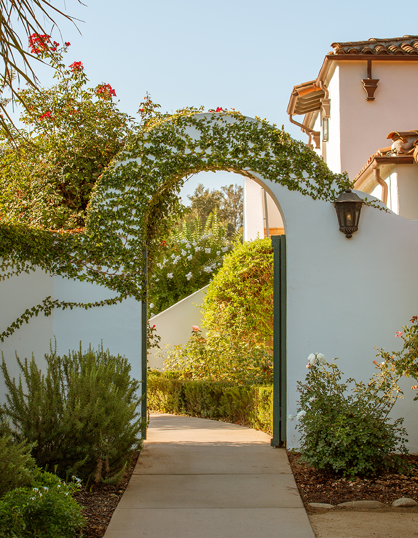 a white archway with green leaves over it