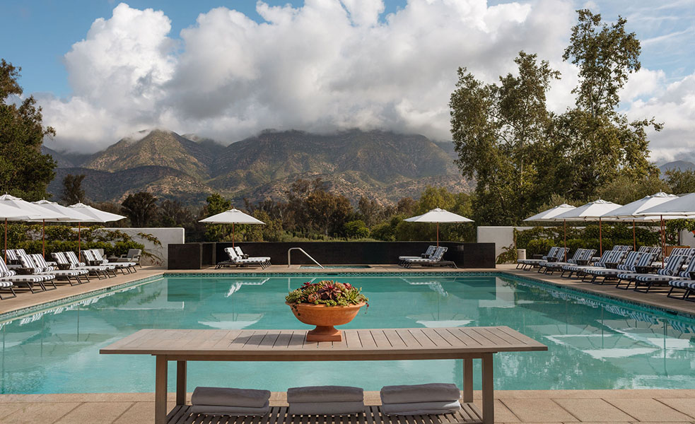 a pool with a bowl of flowers and umbrellas