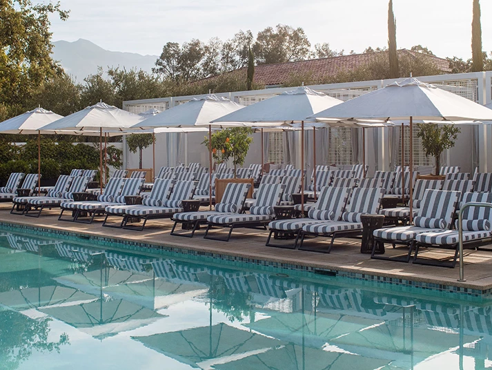 a pool with umbrellas and chairs