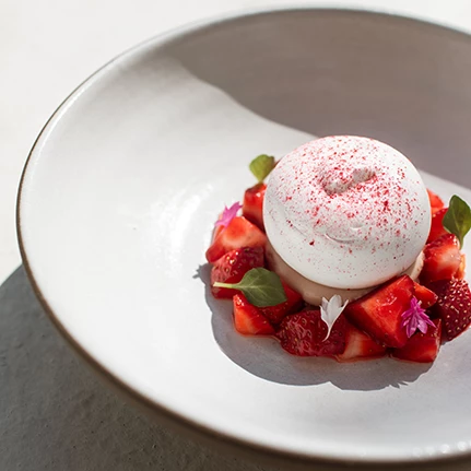 a plate of food with strawberries and ice cream