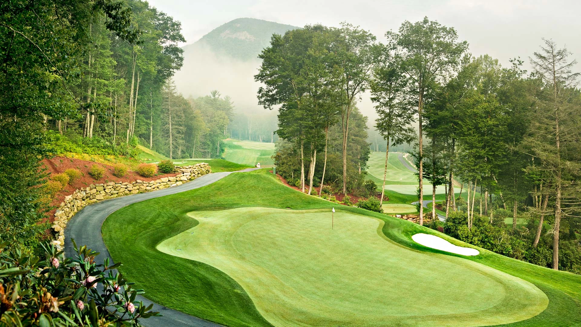 a golf course with trees and a path