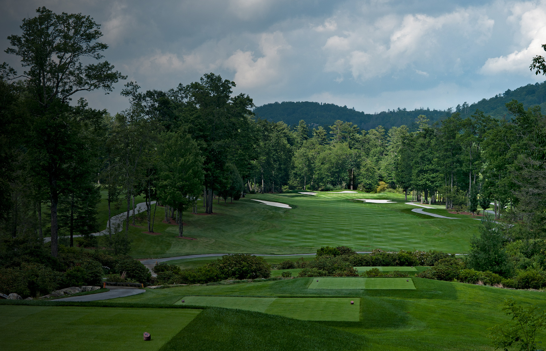 a golf course with trees and a path