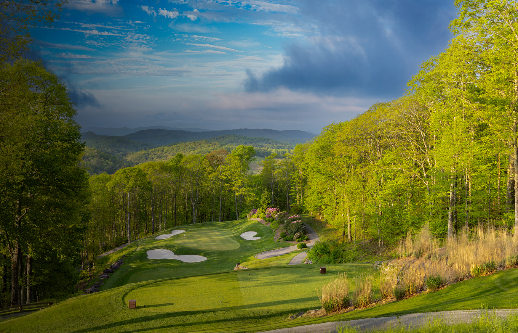 a golf course with trees and blue sky