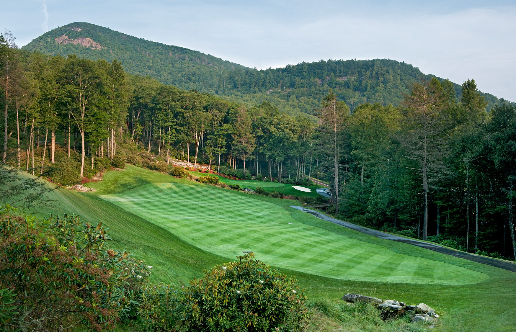 a golf course with trees and mountains in the background