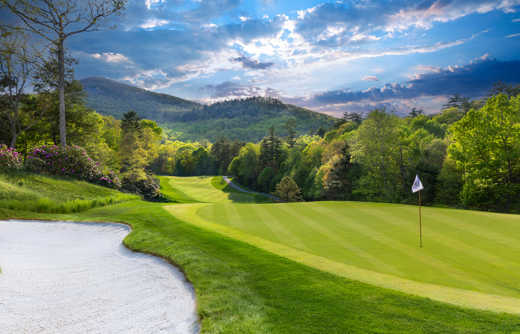 a golf course with a flag on the ground