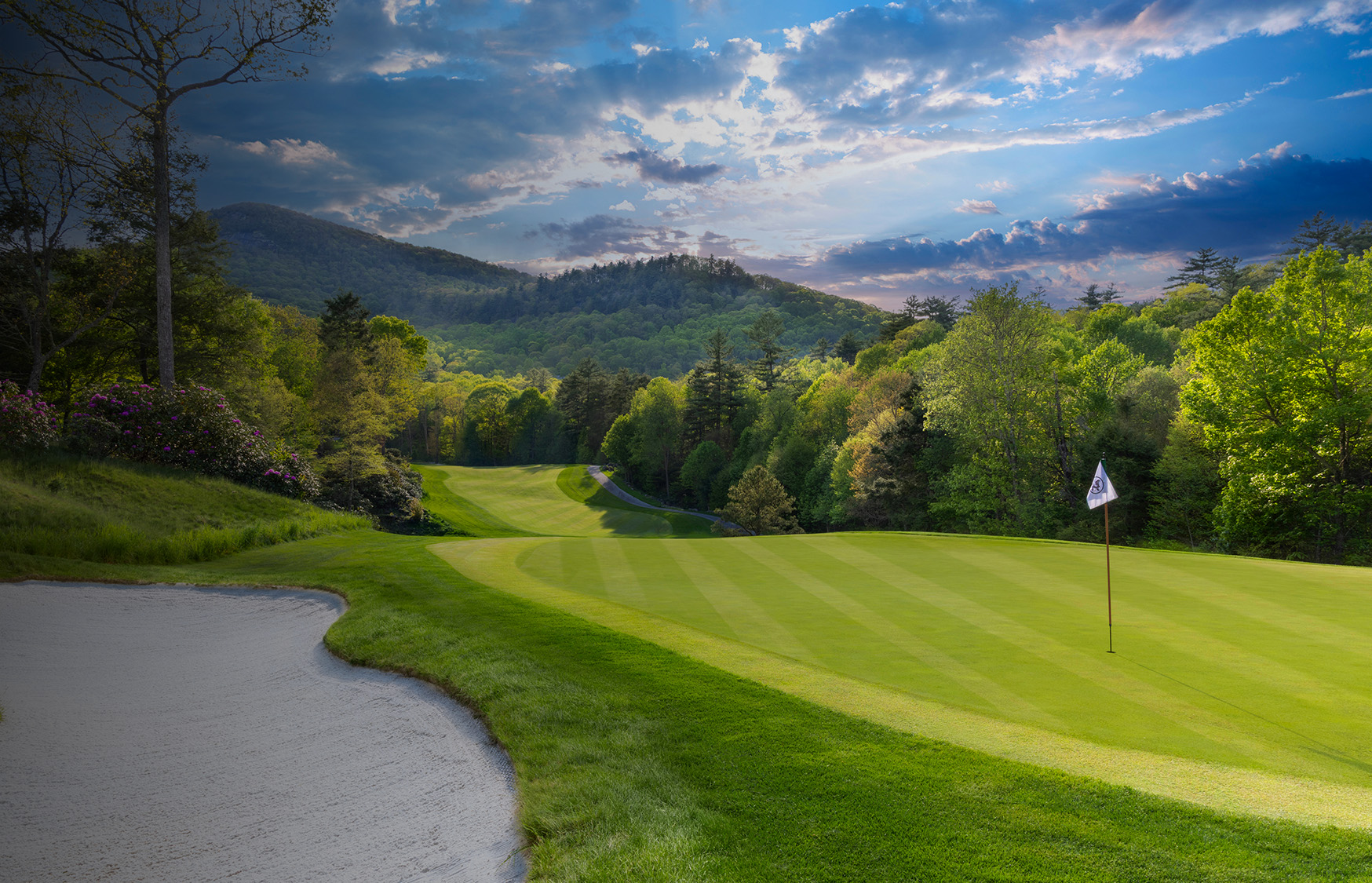 a golf course with a flag on the ground