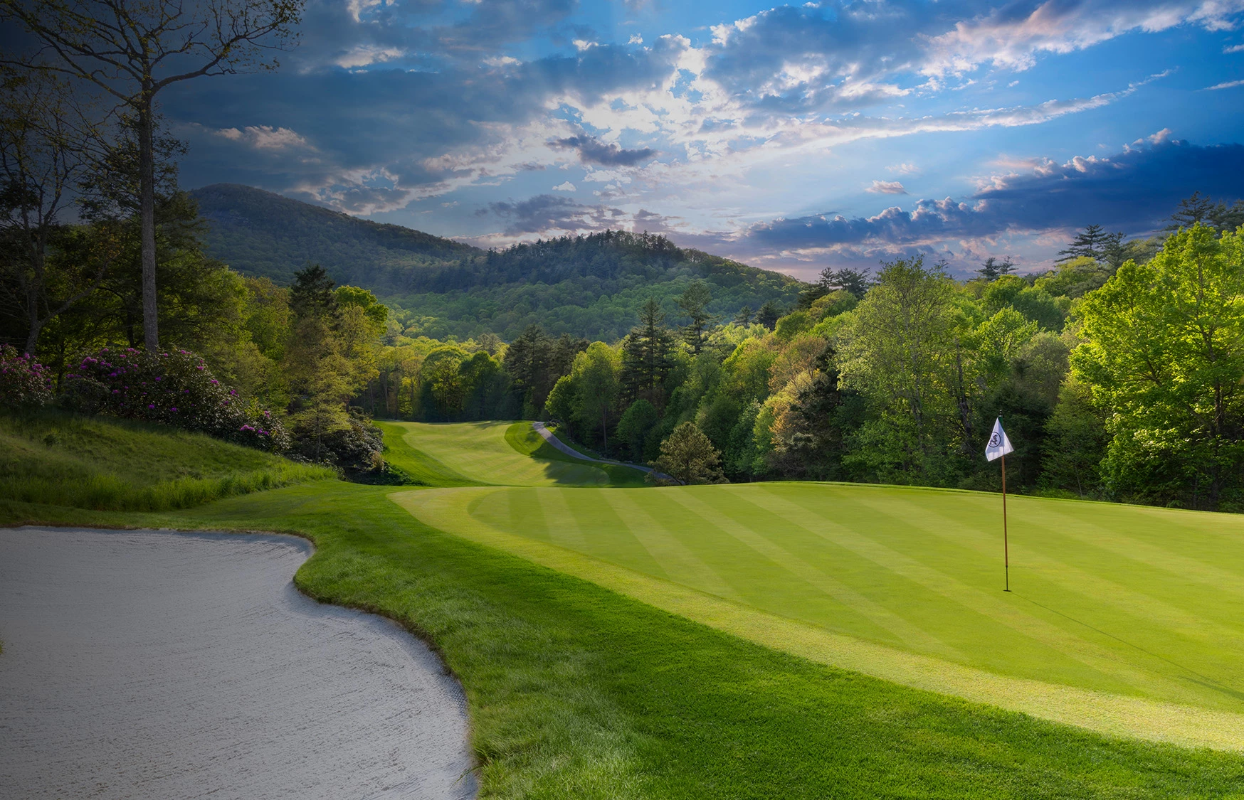 a golf course with a flag on the ground