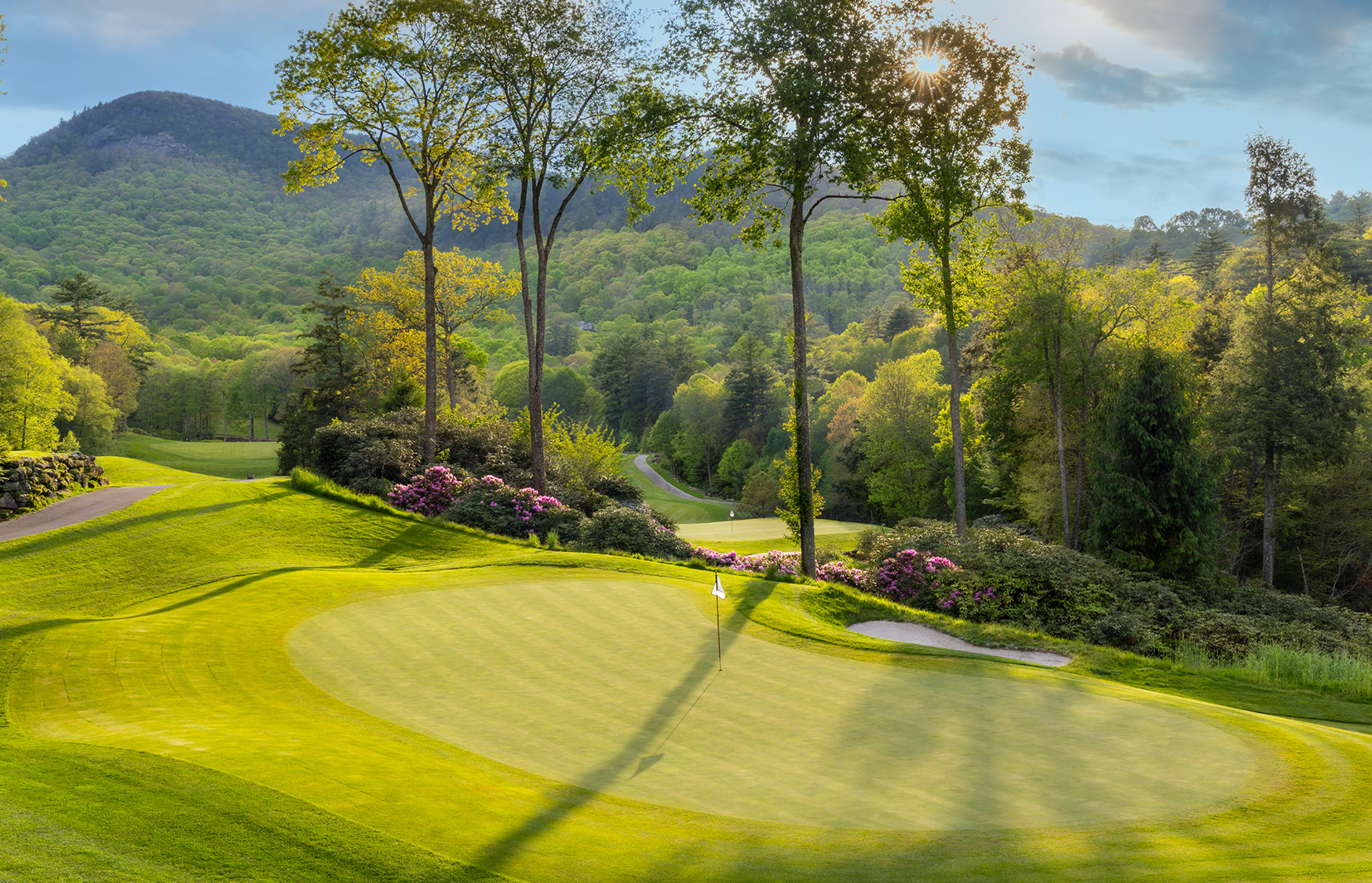 a golf course with trees and a hill in the background