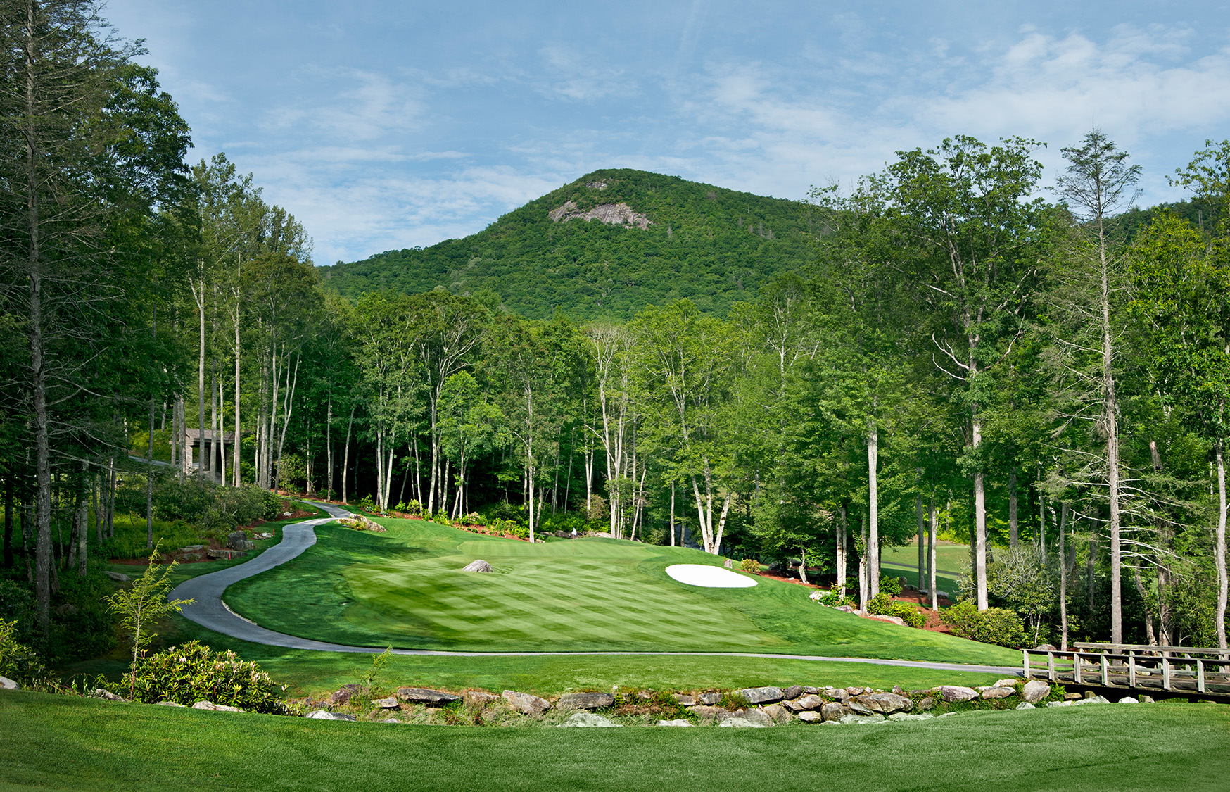 a golf course with a path and trees