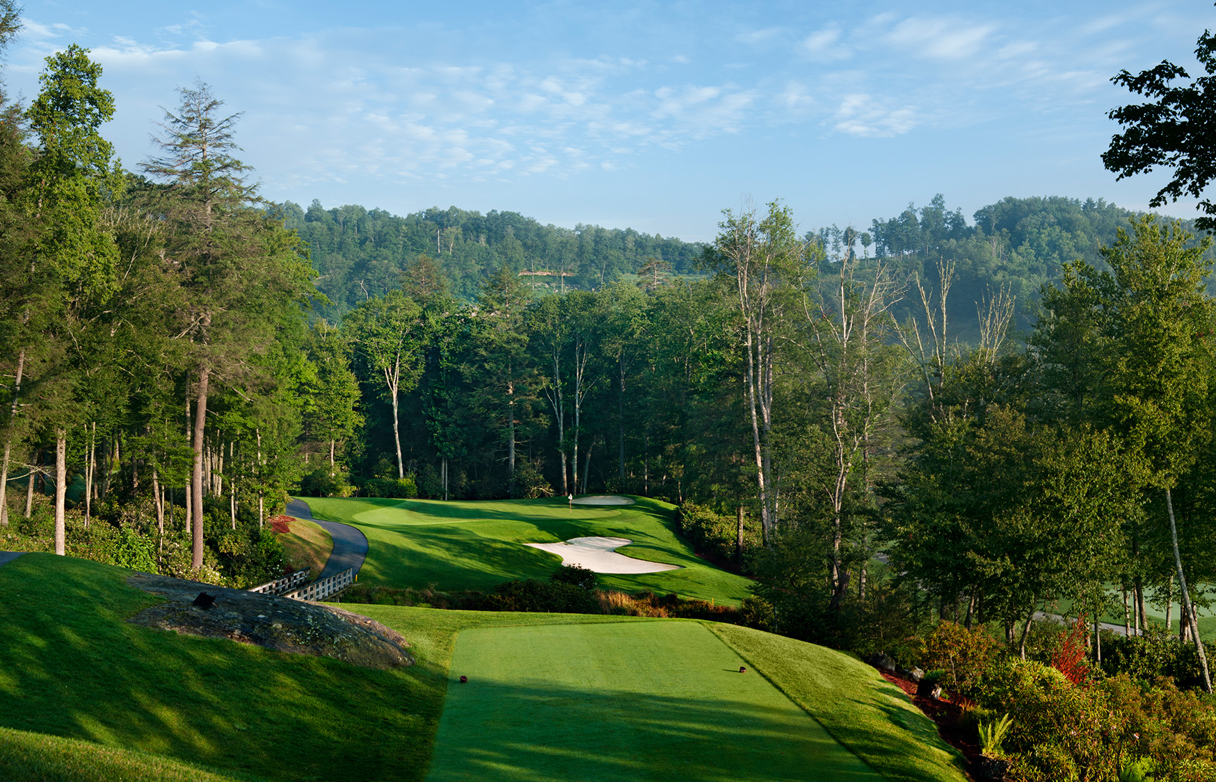 a golf course with trees and blue sky