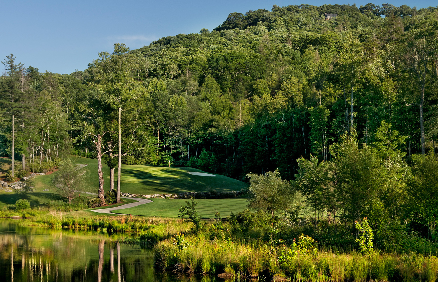 a pond with a path and trees in the background