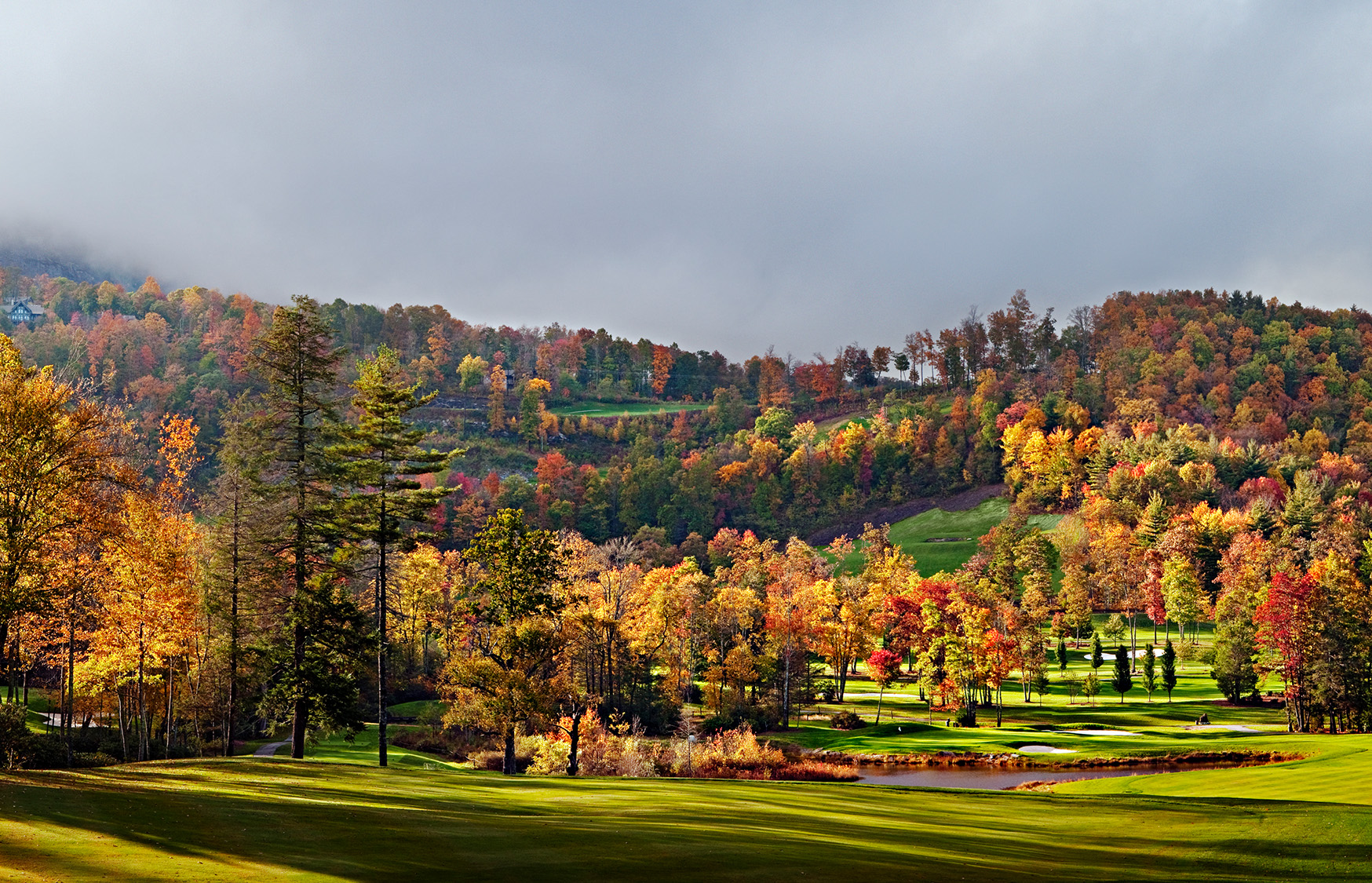 a golf course with trees and a river