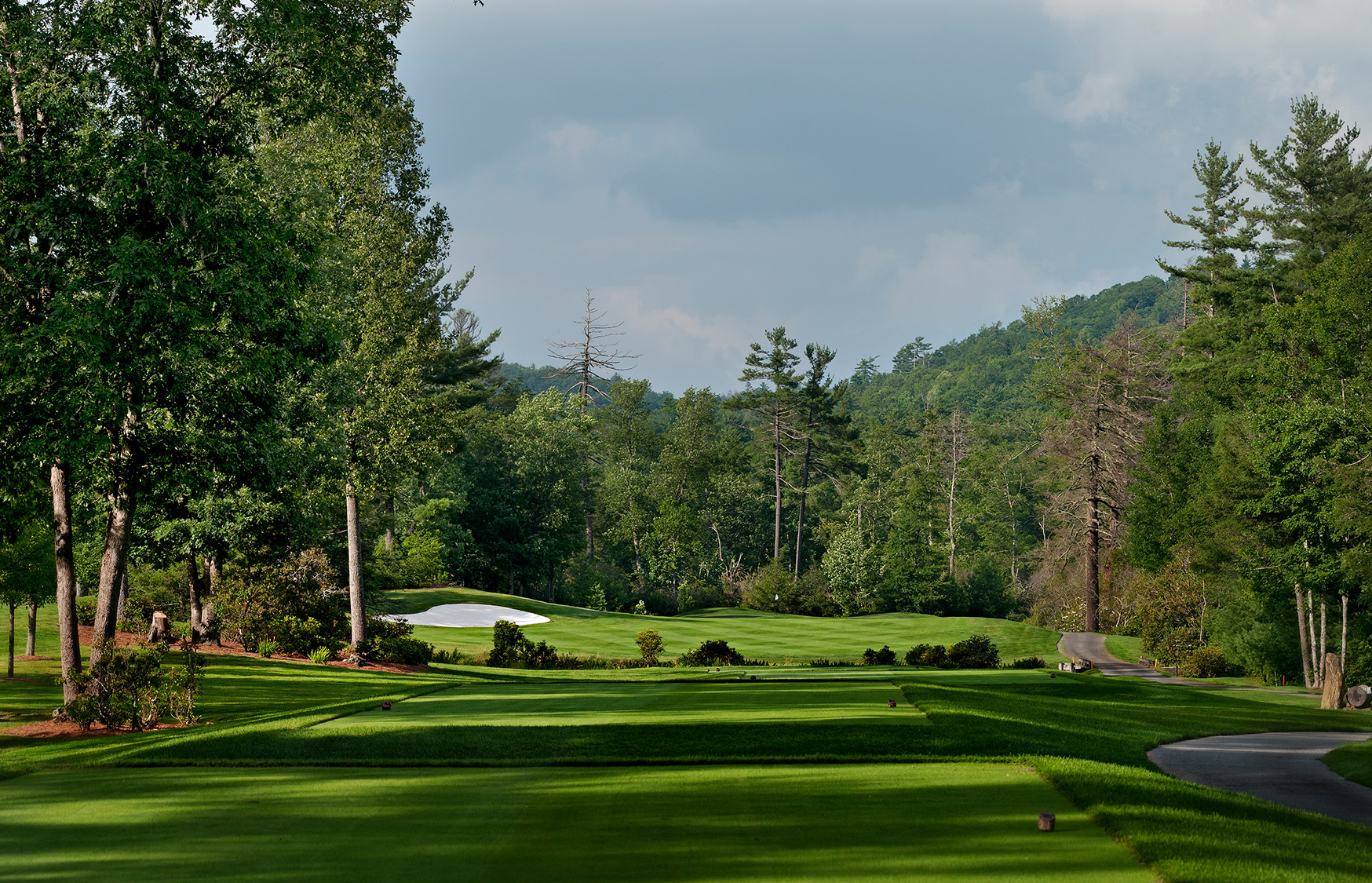 a golf course with trees and a hill in the background