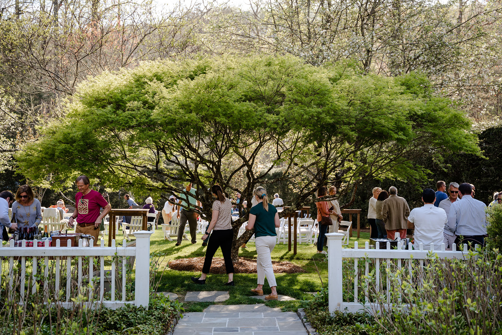 a group of people walking in a garden