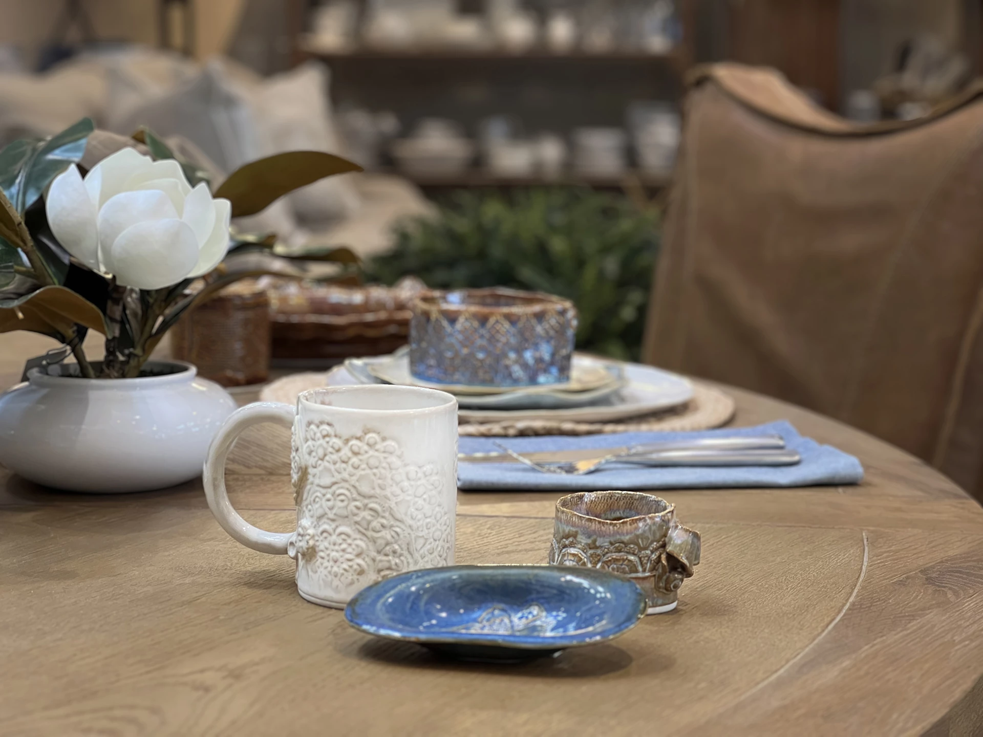 a table with plates and cups