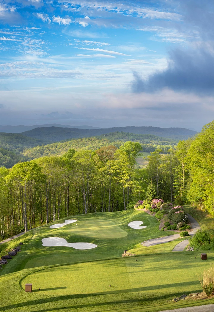 a golf course with trees and a path