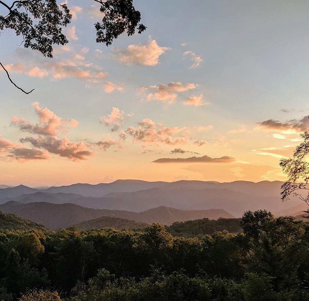 a landscape of mountains and trees