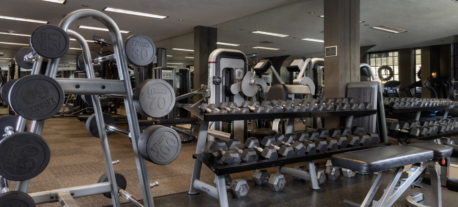 a gym with weights and weights