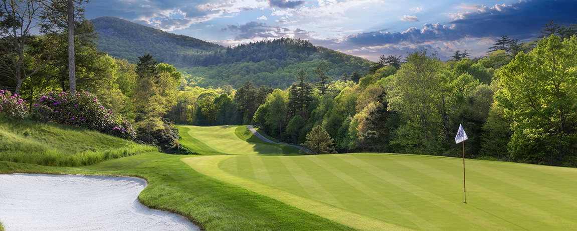 a golf course with trees and a path