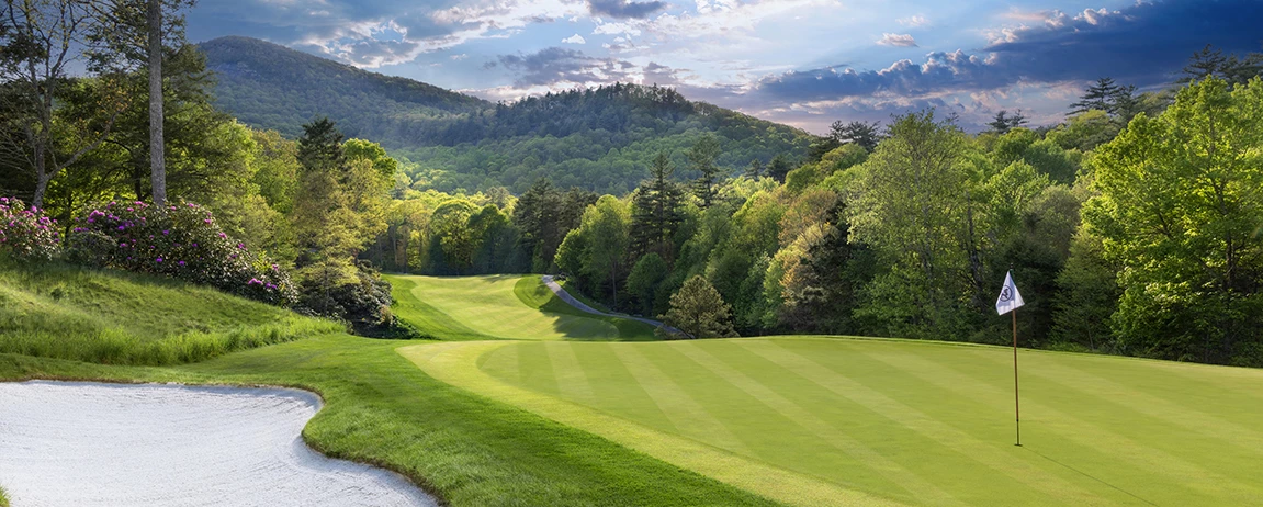 a golf course with trees and a path