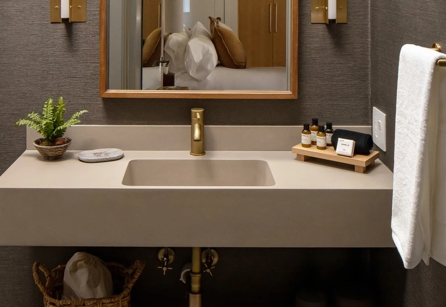 a bathroom sink with a mirror and a plant