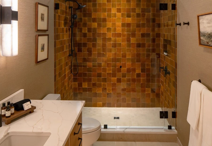 a bathroom with a shower and sink