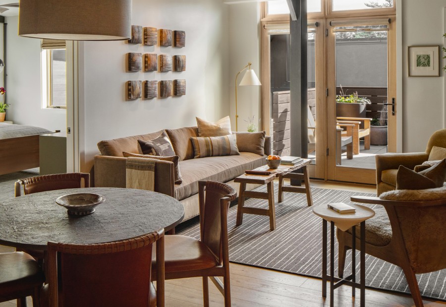 a living room with a couch and table