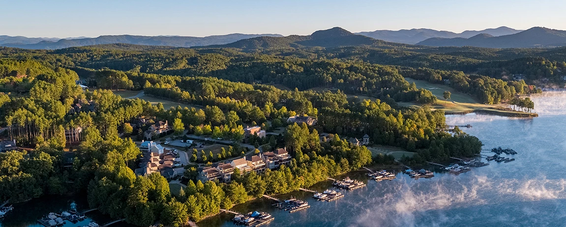 a aerial view of a lake surrounded by trees