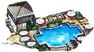 a pool with a house and umbrellas