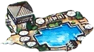 a pool with a house and umbrellas