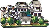 a house with trees and umbrellas