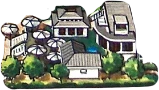 a house with trees and umbrellas