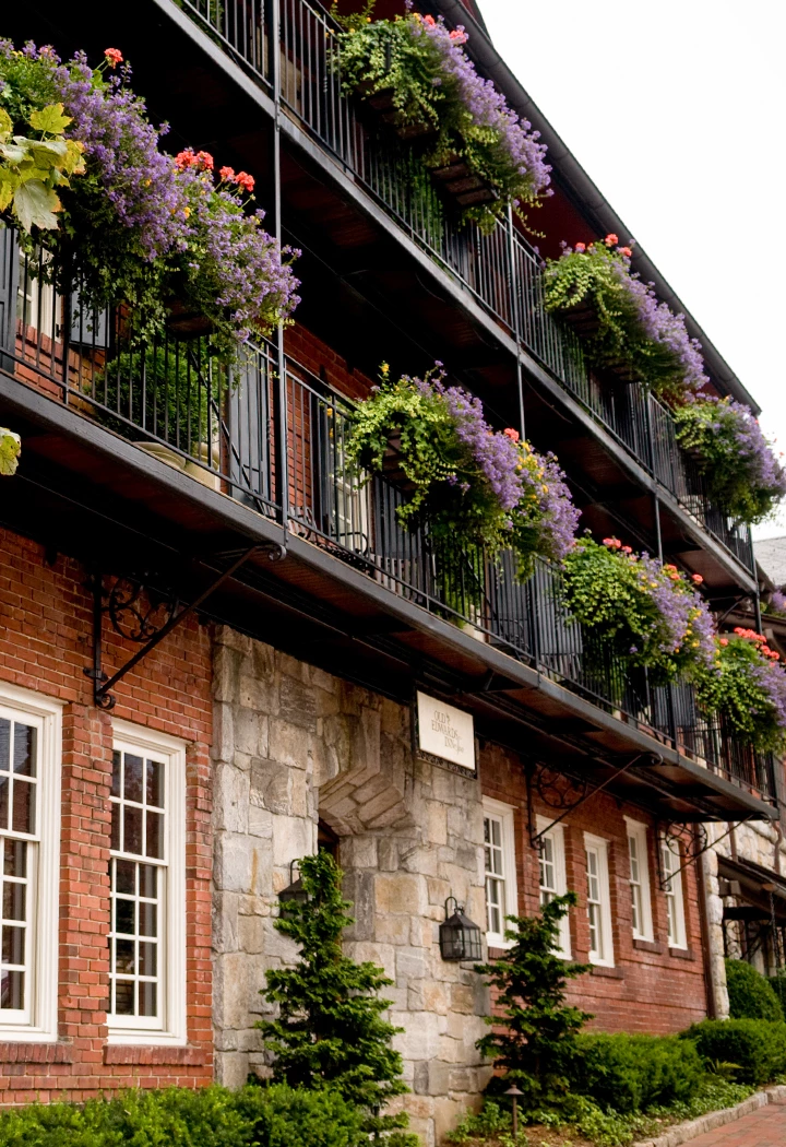a building with flowers on the balcony