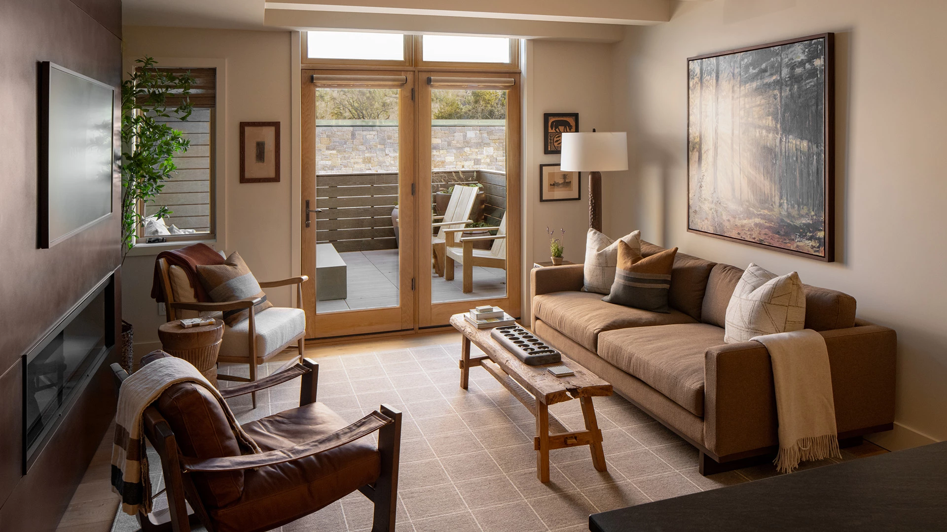 a living room with a couch and a table