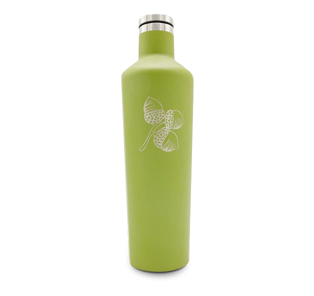 a green bottle with a silver lid