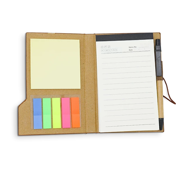 a notebook with a pen and sticky notes