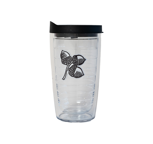 a clear plastic cup with a black lid
