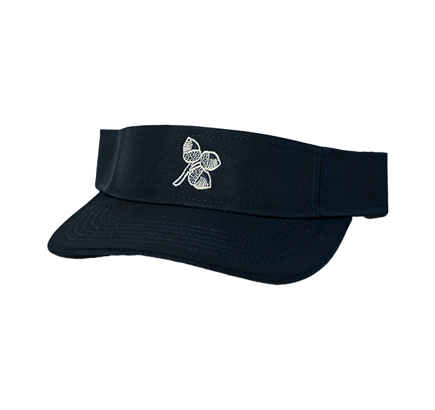 a black visor with a white flower on it