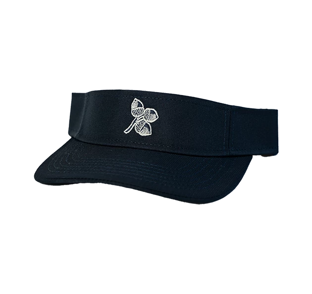 a black visor with a white flower on it