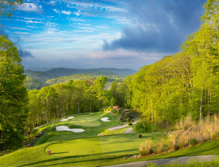 a golf course with trees and blue sky
