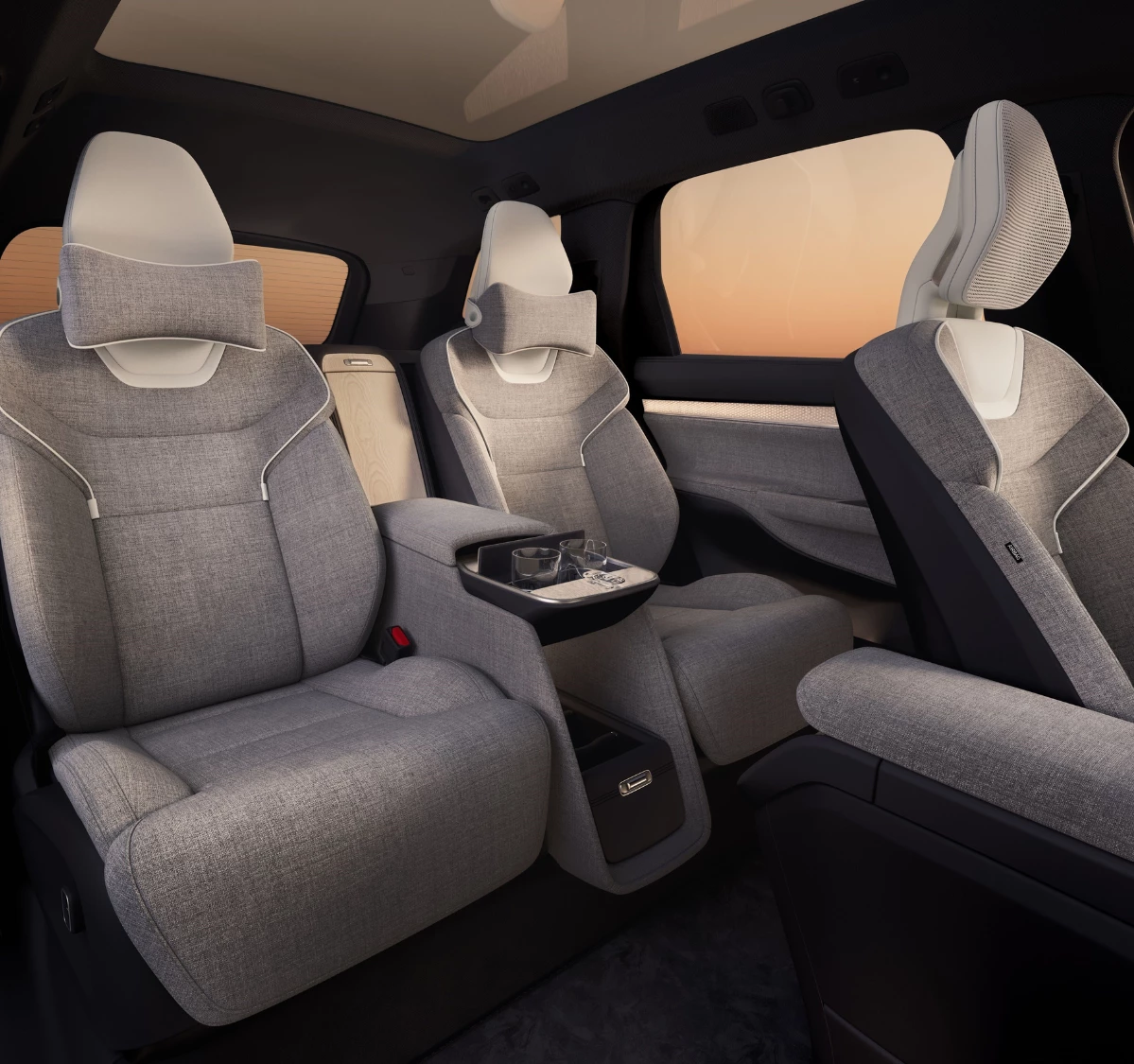 the back of a car with grey seats