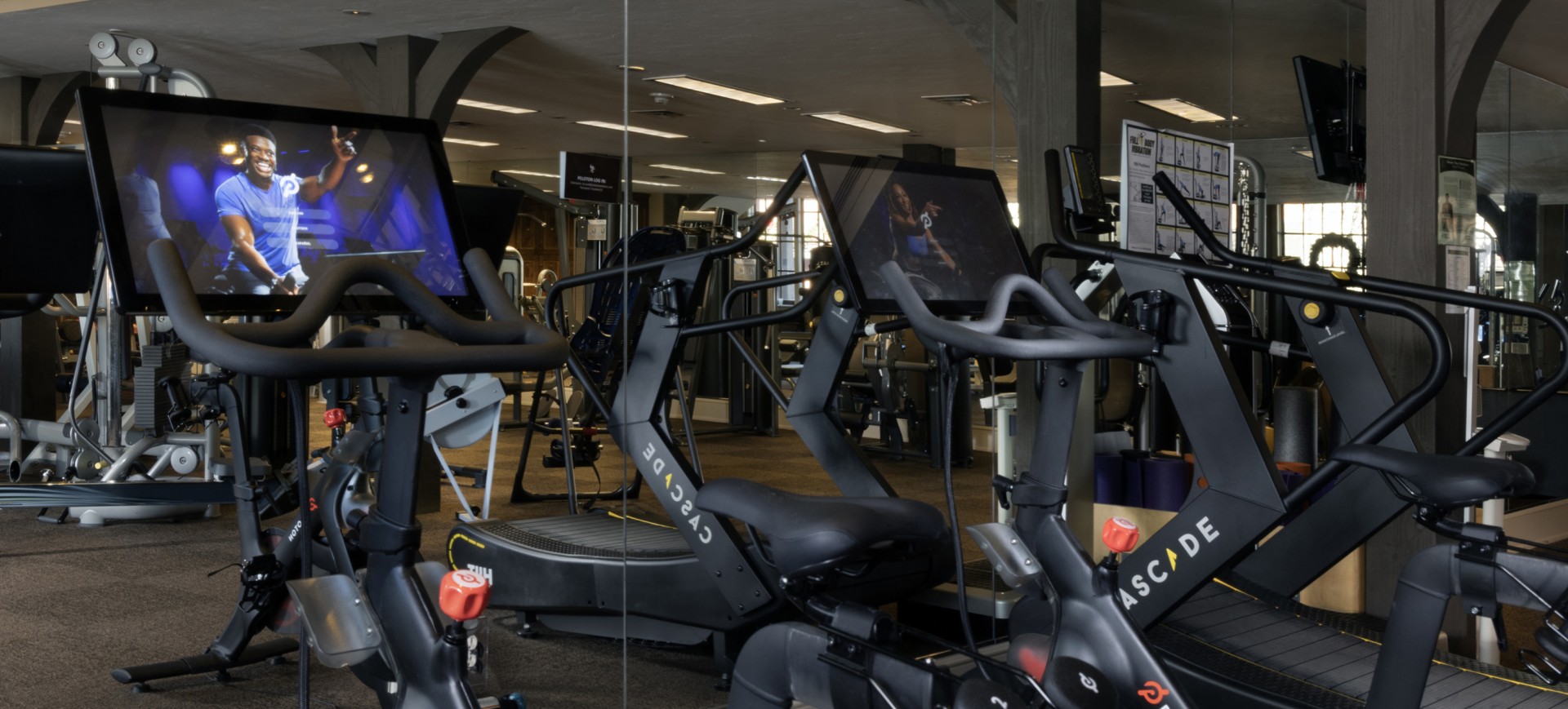 a group of exercise machines in a gym