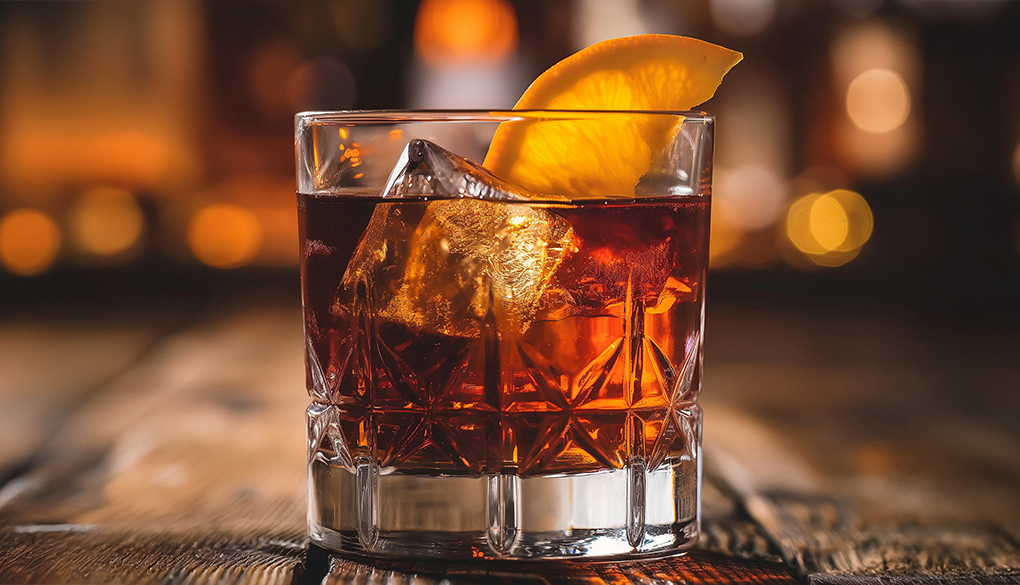 a glass with a drink and a slice of orange on it