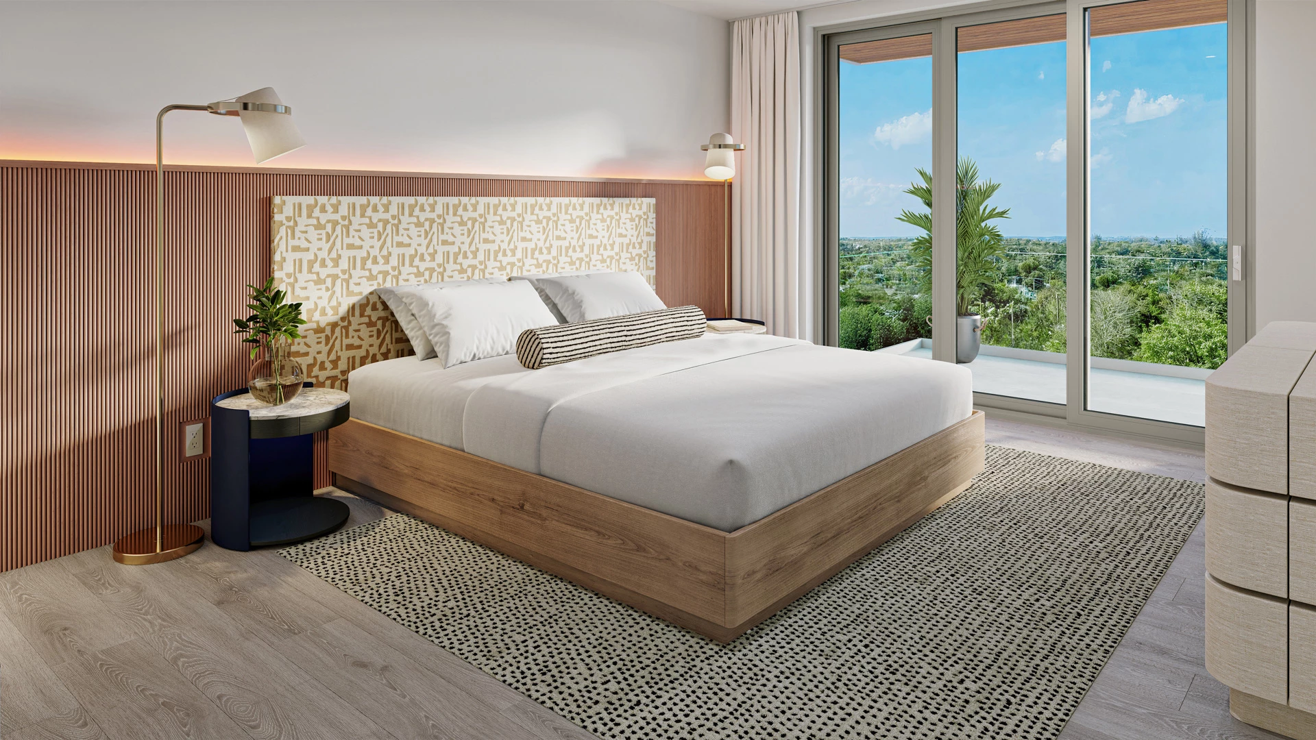 a bed with a wood headboard and a table with a plant and a window