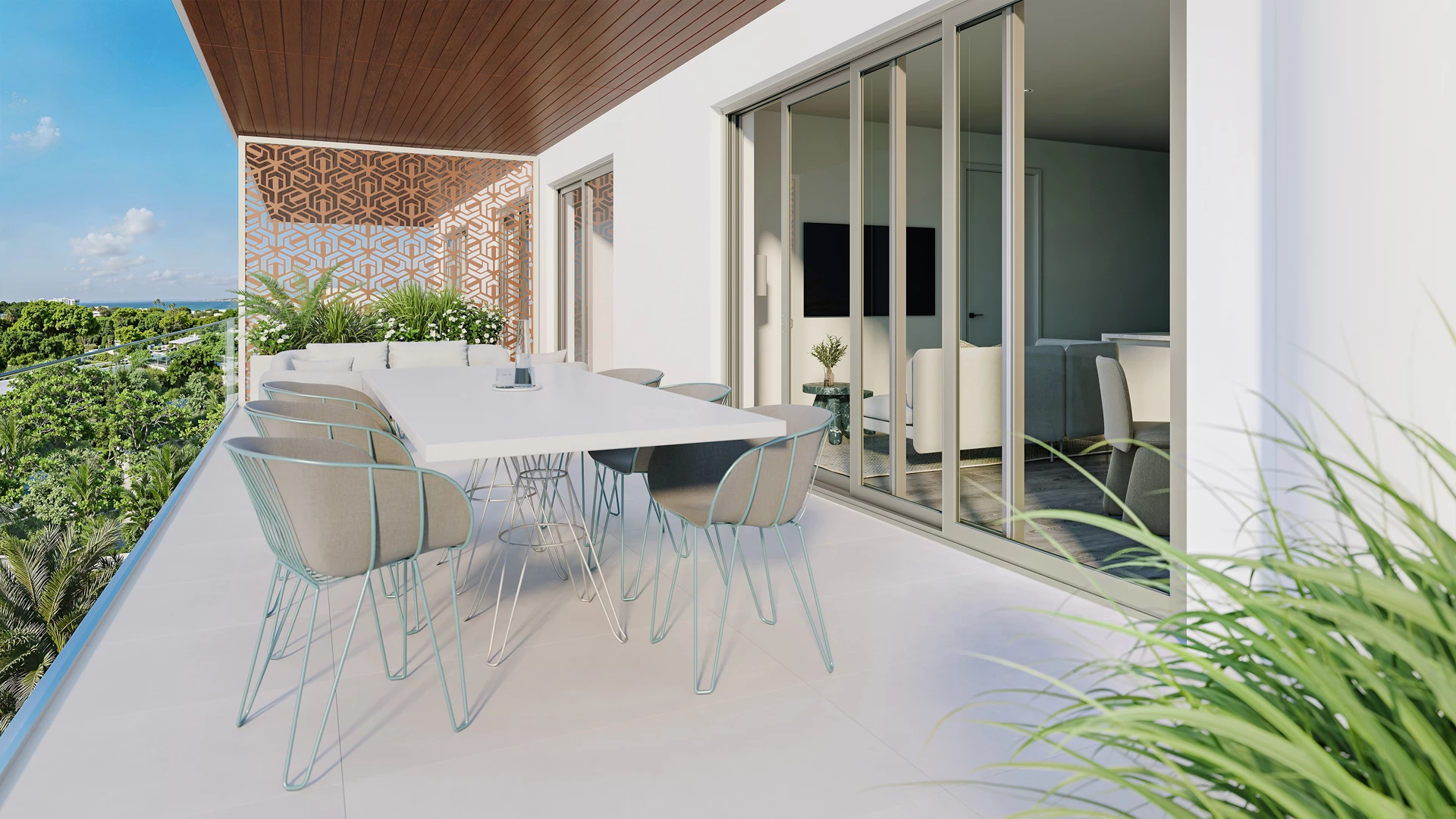 a white table and chairs on a patio