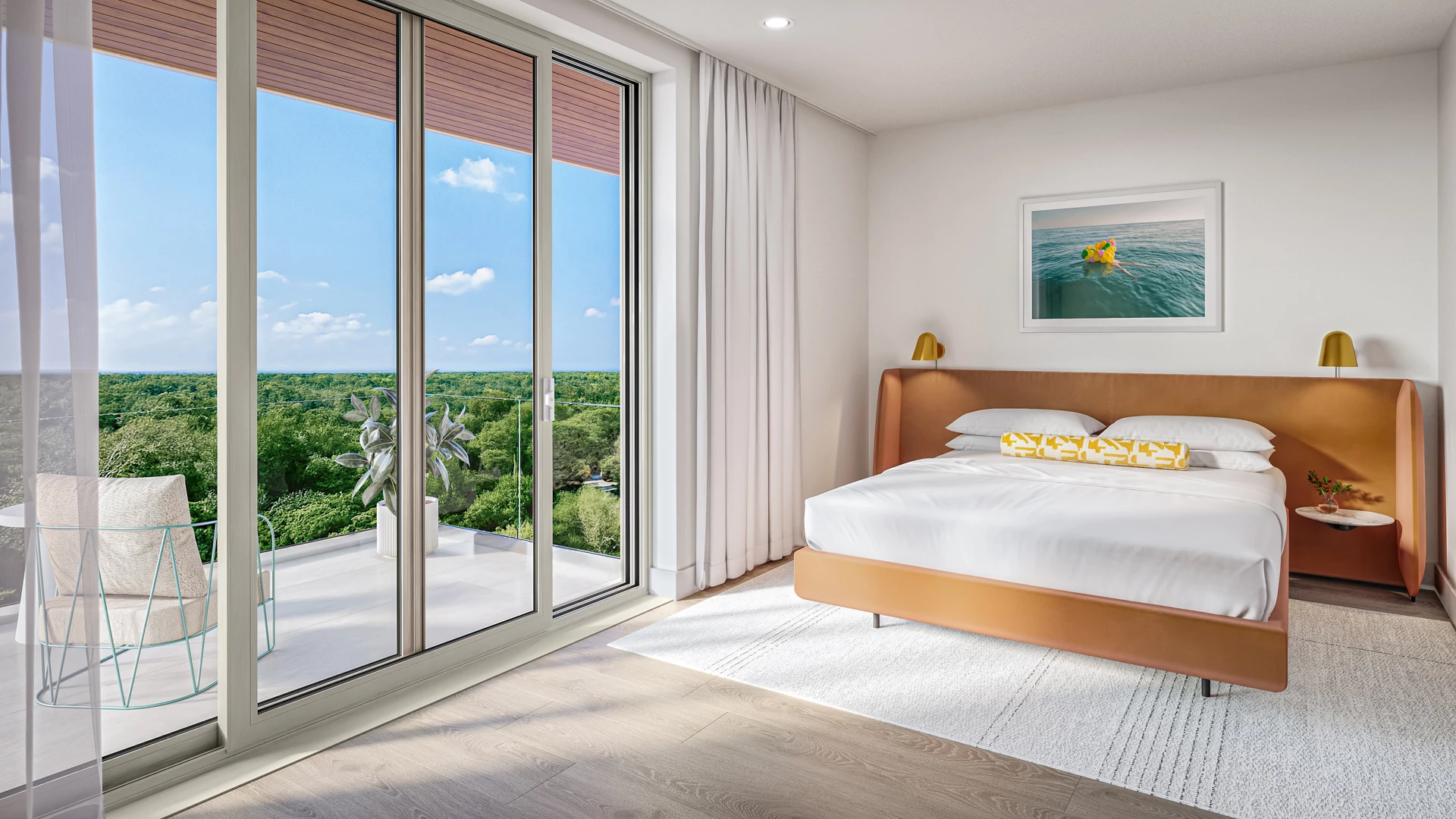 a bedroom with a sliding glass door