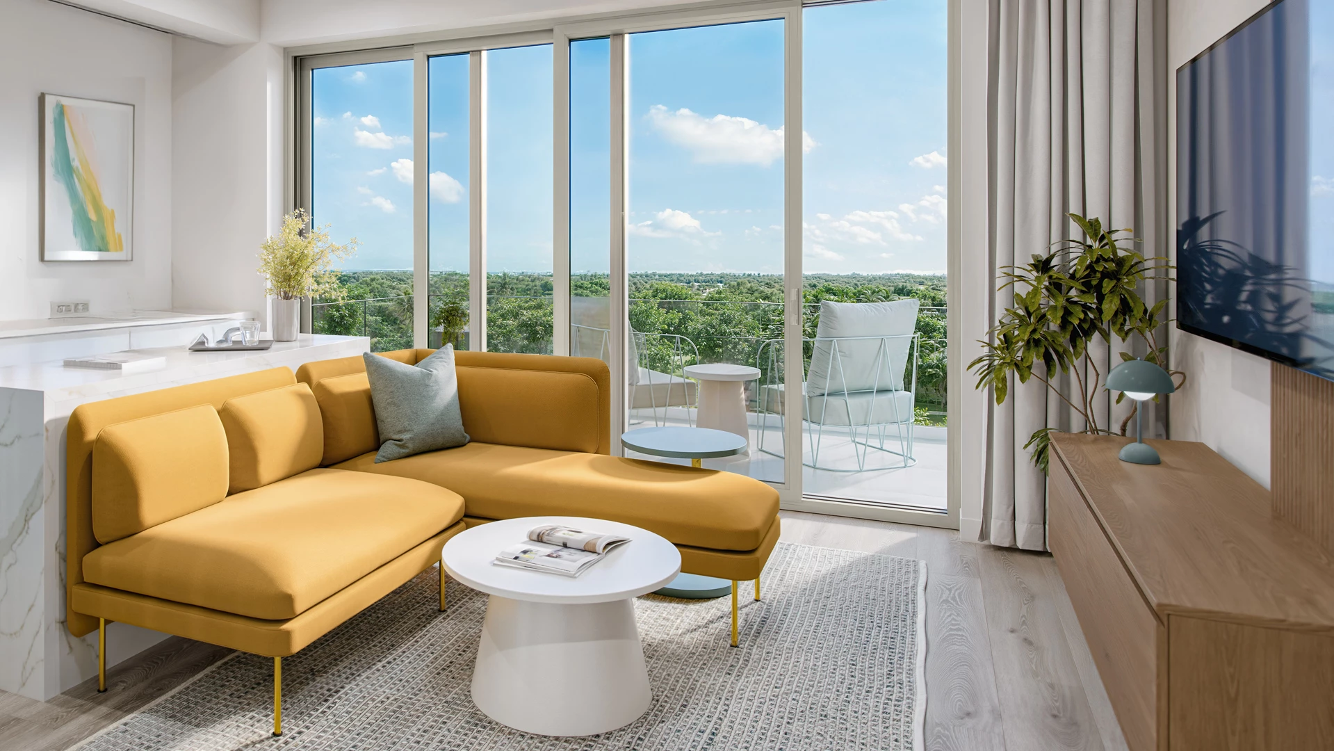 a living room with a couch and a table