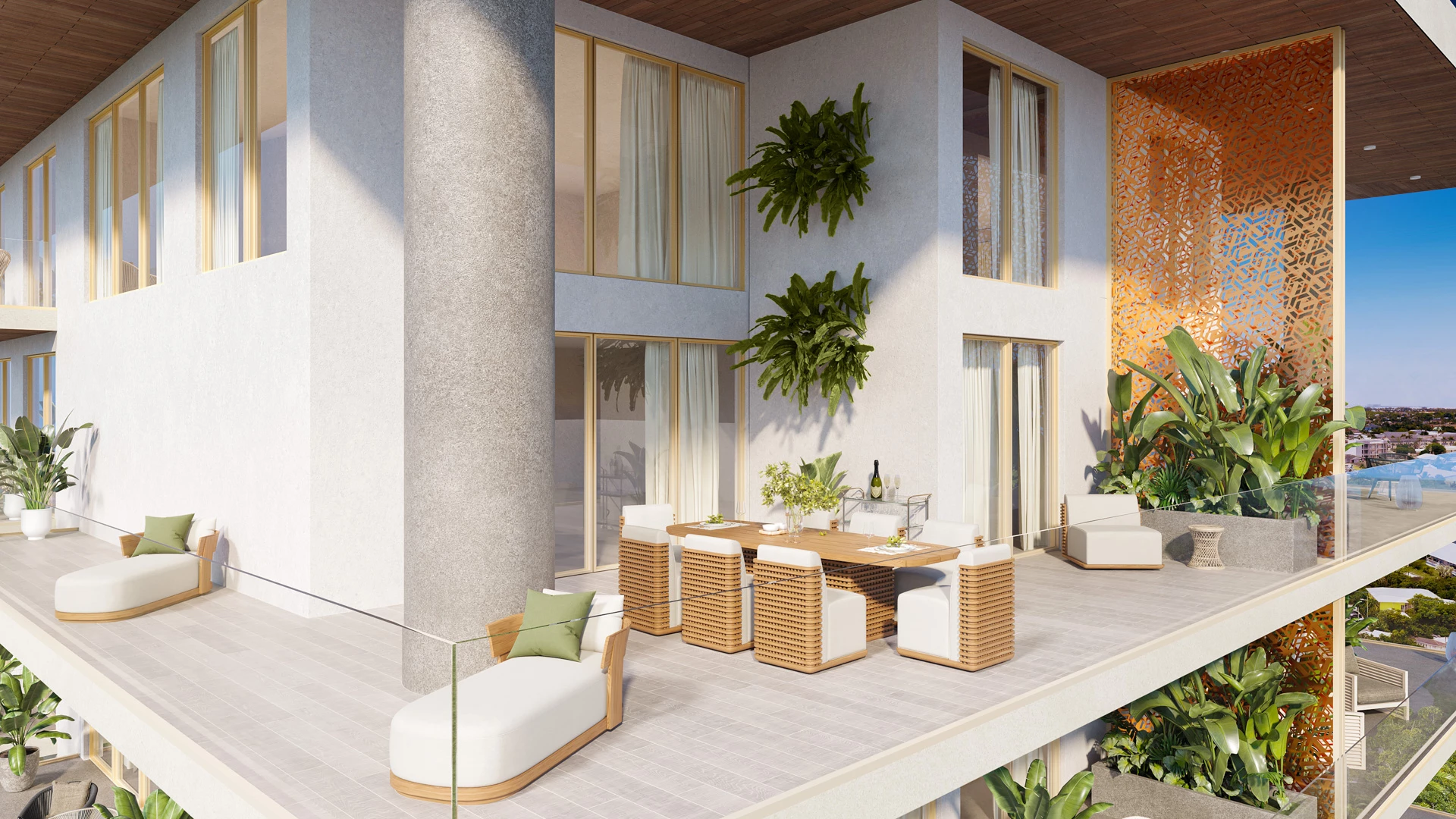 a patio with a table and chairs